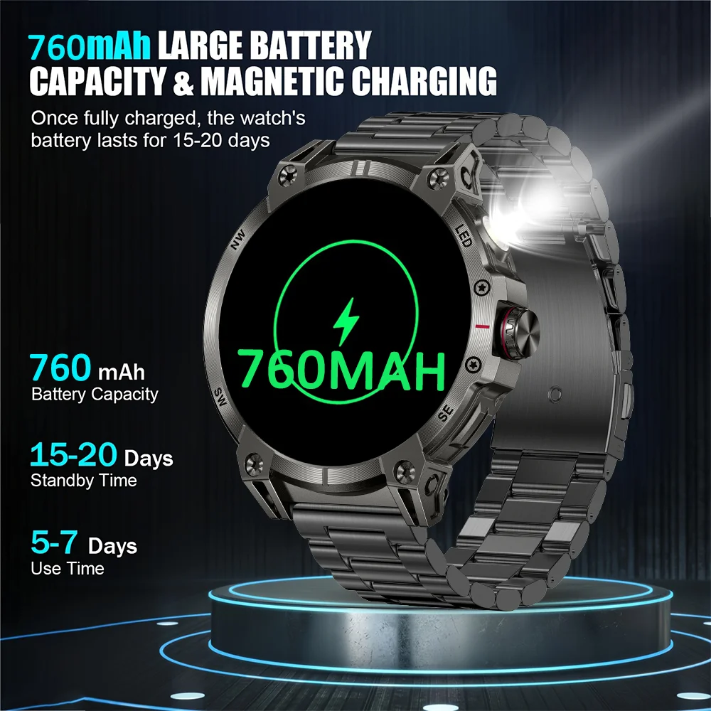 다오르코우 2025 신형 남성용 760mAh 대용량 배터리 LED 손전등 나침반 IP68 방수 1.8인치 HD 대화면 BT 통화 스마트워치