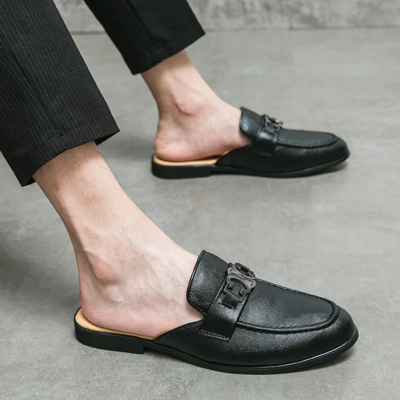 Summer British Style High Quality Men Mules Shoes Daily Outdoor Casual Leather Slippers Homme Flat Walking Slip-On Solid Black