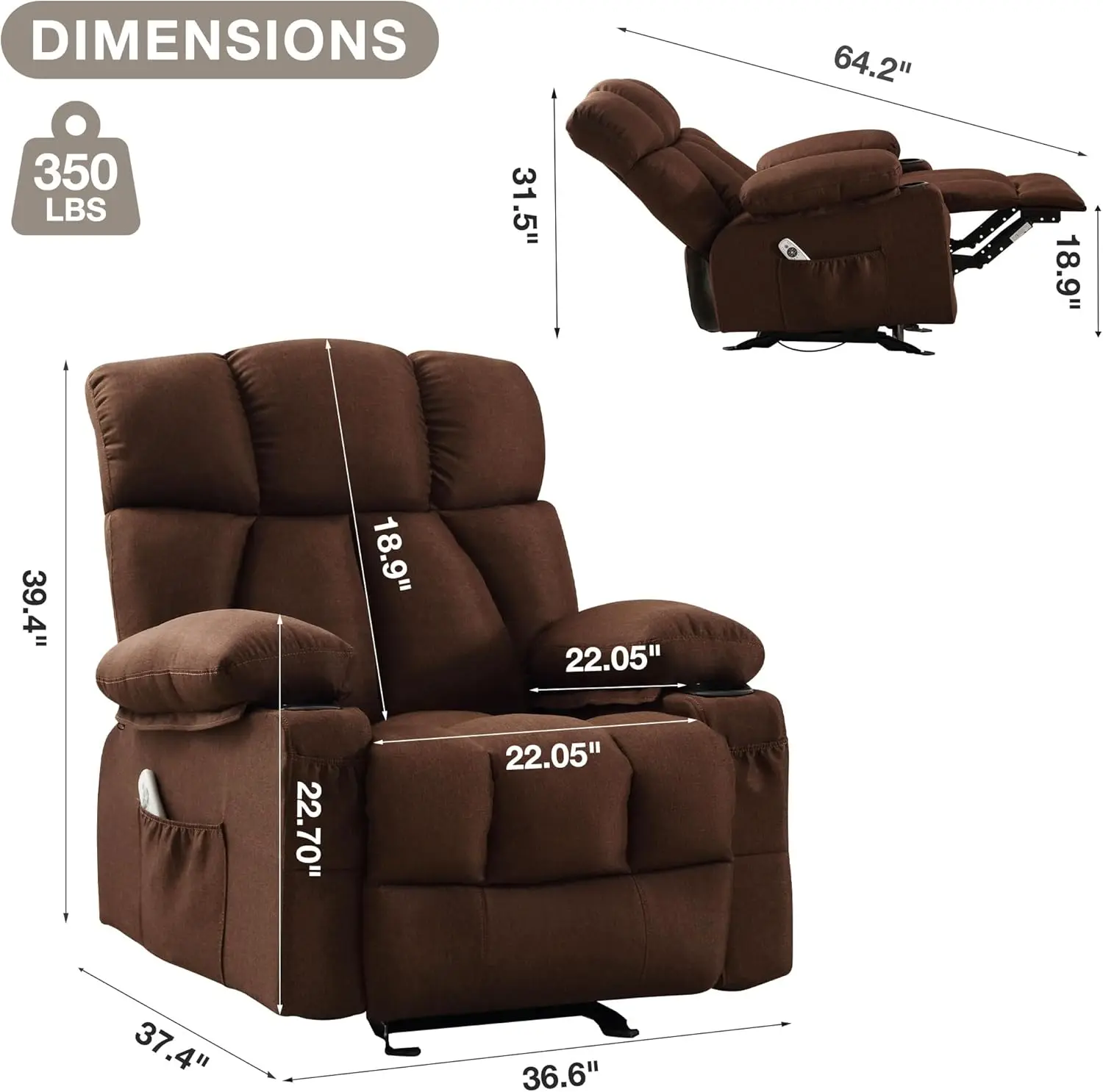 Massage Rocker Recliner Chair with Heat and Vibration Rocking Lounge Chair for Living Room , USB Charge Port, Brown