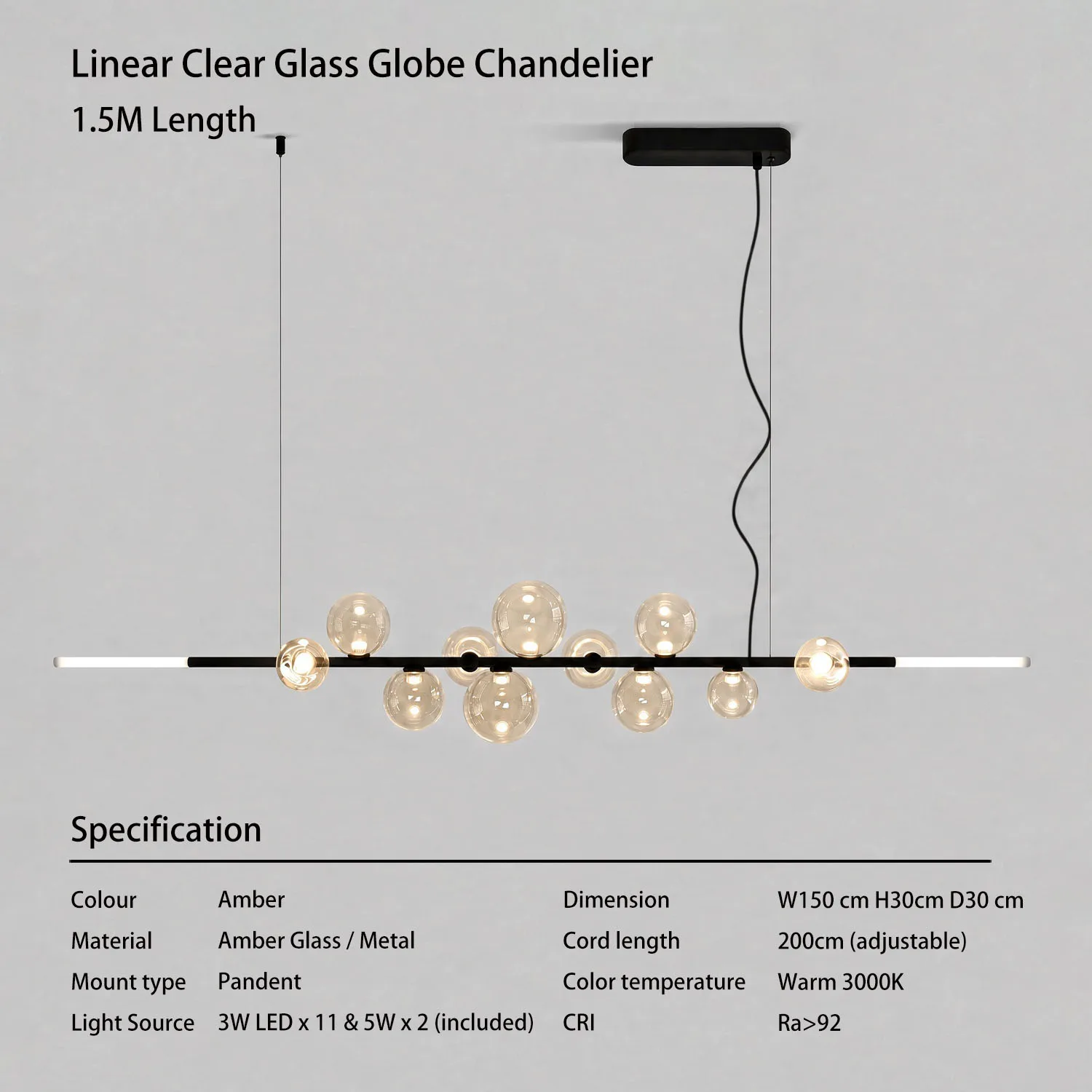 Caren moderne lineaire glazen globe kroonluchter LED keukeneilandlamp 7 verspreide bubbels acryl gloeiende uiteinden eigentijds zwart