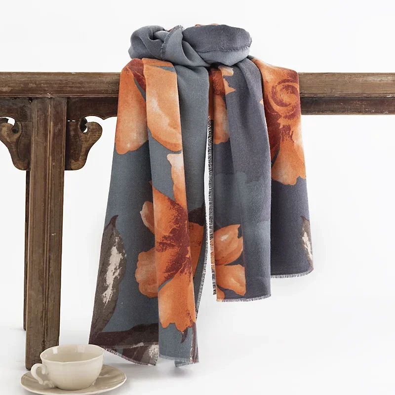 Hibiscus Flower Print Thick Winter Women Scarf Luxury Floral Warm Shawl and Wrap Cashmere Like Pashmina Blacnket Design Stoles