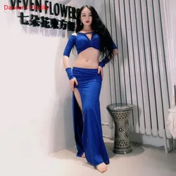 Belly Dance Suit Sequins Top Split Long Skirt Practice Clothes Profession Custom Female Fashion Performance Clothing Set