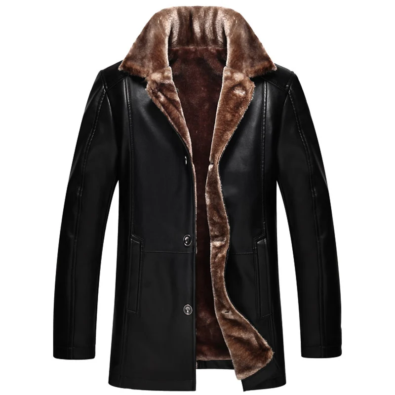 

Утепленная куртка из искусственной кожи на флисовой подкладке для мужчин среднего и старшего возраста, повседневное зимнее пальто с длинными рукавами, отложным воротником, на одной пуговице