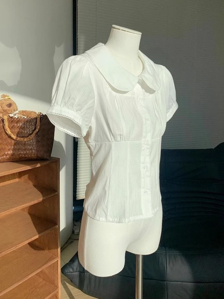 Deeptown Kawaii Blus Gaya Preppy Wanita Kemeja Putih Kerah Peter Pan Manis Gaya Jepang Atasan Vintage Lolita Lucu Slim Up
