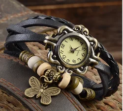 Reloj de joyería Vintage de mariposa única para mujer, pulsera trenzada con remache Retro, correa de cuero, reloj de vestir, regalo para hermana