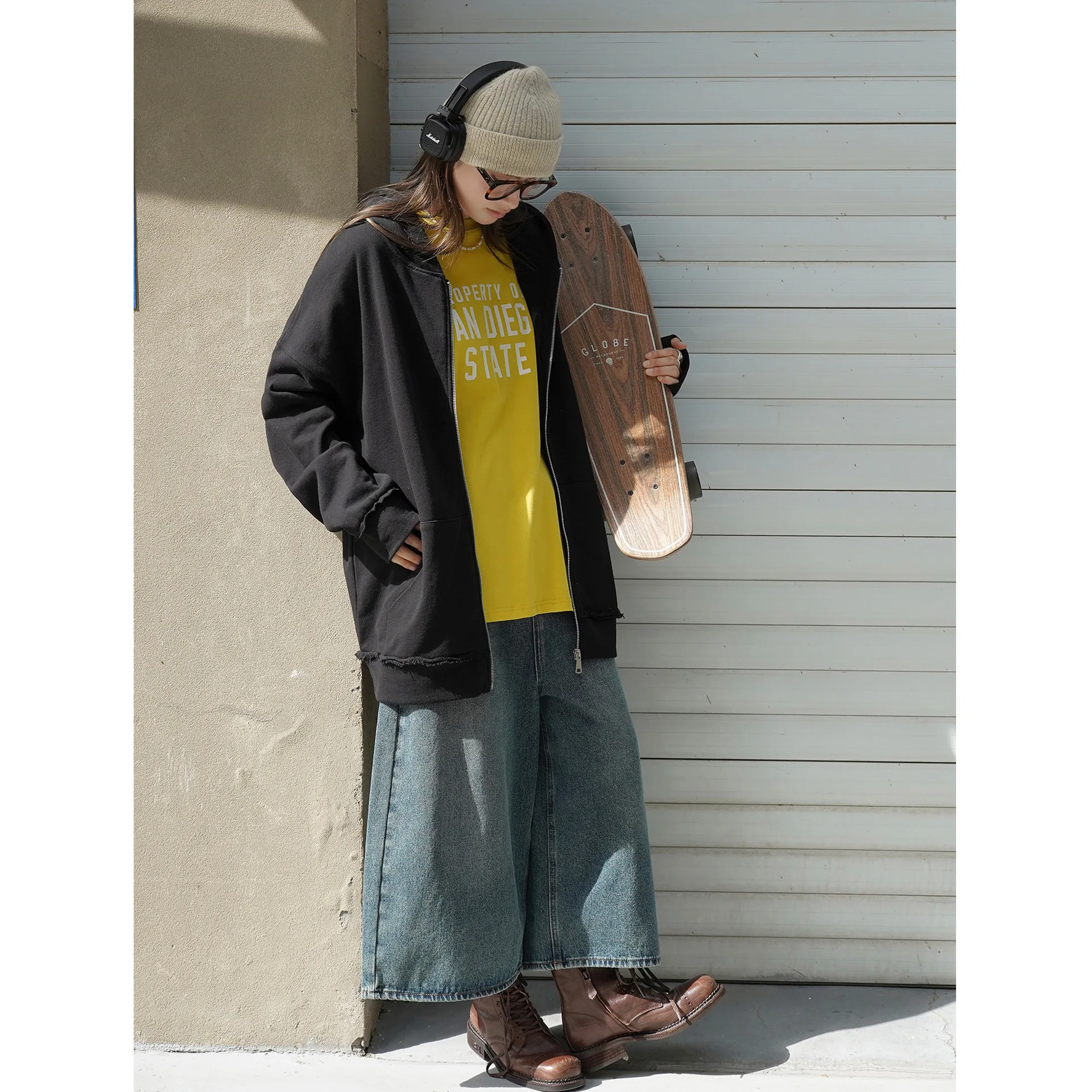 SuperAen Autumn New American Street Design Rough Edge Hooded Hoody Loose Top Women