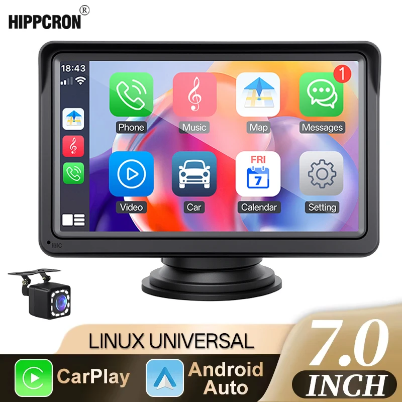 Hippcron Autoradio, kabelloses Carplay, Android Auto, 7 Zoll IPS-Touchscreen, Auto-Multimedia-Videoplayer, unterstützt USB AUX 12–24 V