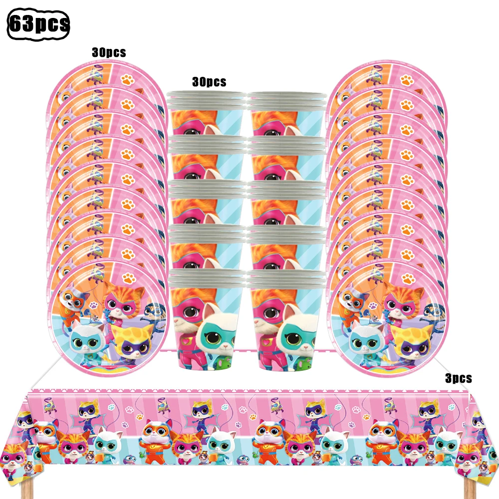 Superkitties Happy Birthday Party Decor Paw Meow Cat Super Kitties Geschirr Tischdecke Teller Tasse Geschenkset Kinderparty-Spielzeug