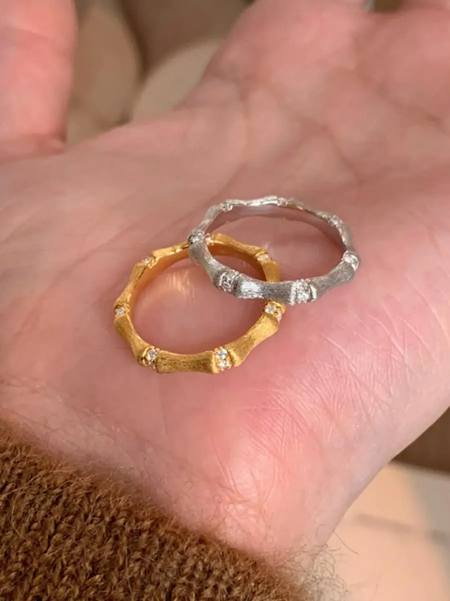

Vintage Gold Frosted Bamboo Node Zircon Ring for Women Trendy Lightweight Luxury Court Style Retro Design Sense Finger Ring