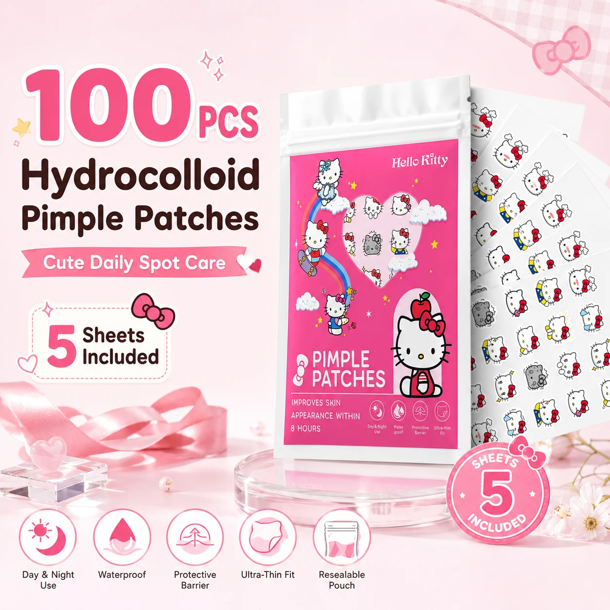 20pcs/100pcs Hello Kitty Hydrocolloid Pimple Patches, Cute Waterproof Acne Spot Stickers for Face,  Day & Night Use