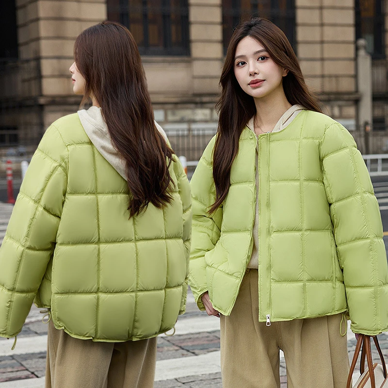Nuevas Parkas holgadas con cuello redondo para mujer, chaquetas acolchadas de algodón para invierno, abrigos sólidos de manga larga a cuadros con estampado estéreo para estudiantes