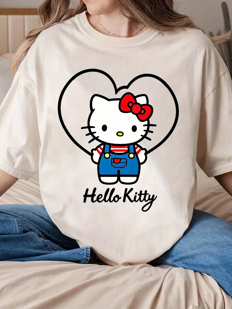 

Женская хлопковая удобная модная футболка Sanrio Hello Kitty — культовый японский аниме в кавайном стиле с лицом Hello Kitty