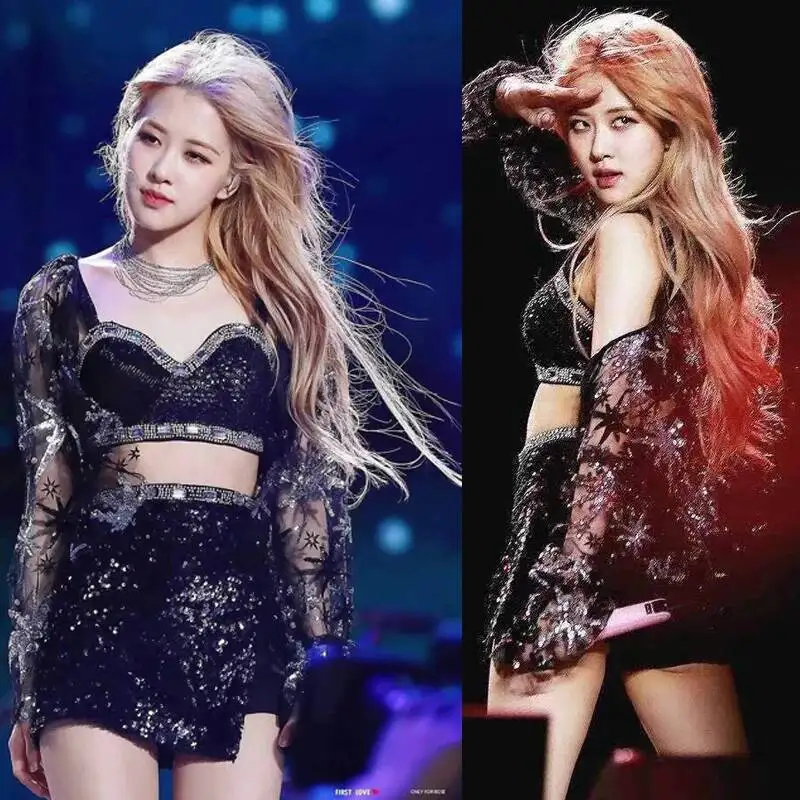 Women Kpop ROSE Group Stage Dance Shiny Sling Tops Jazz Dancewear Performance Costume Sequins Skirt Sexy Festival Outfits view 2