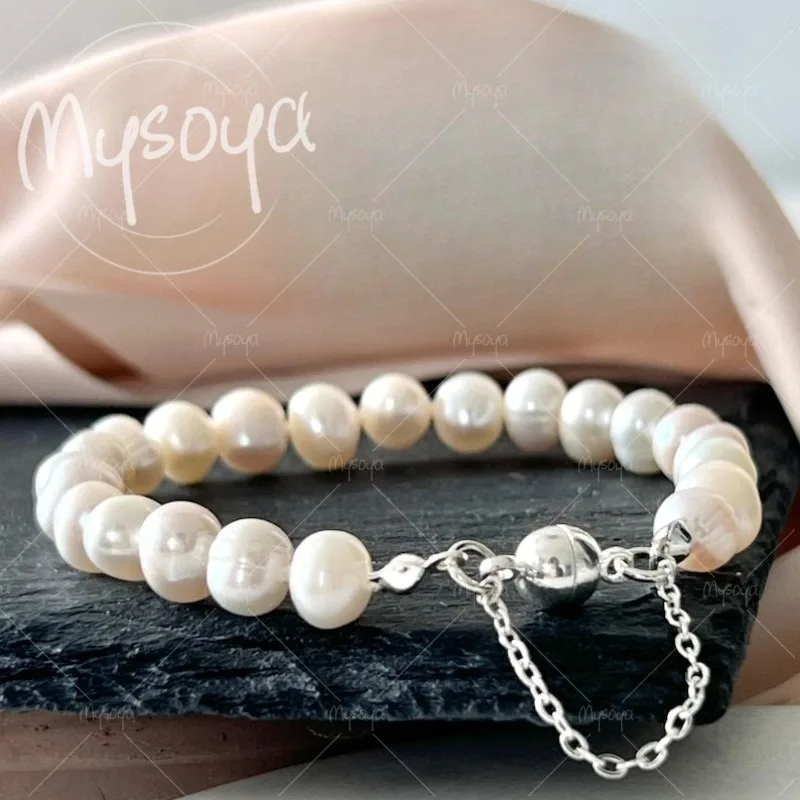 

MYSOYA 7-8mm Classic White Freshwater Pearl Bracelet with Gift Box, for Him/ Her, for Birthday/ /Wedding Gift A0267