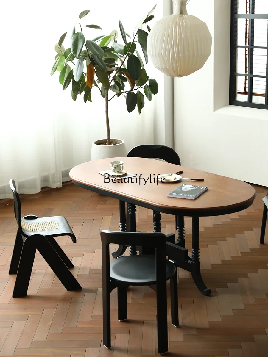

French Retro Solid Wood Dining Table Modern Minimalist Oval Cherrywood Retro Style Stone Plate Dining Table