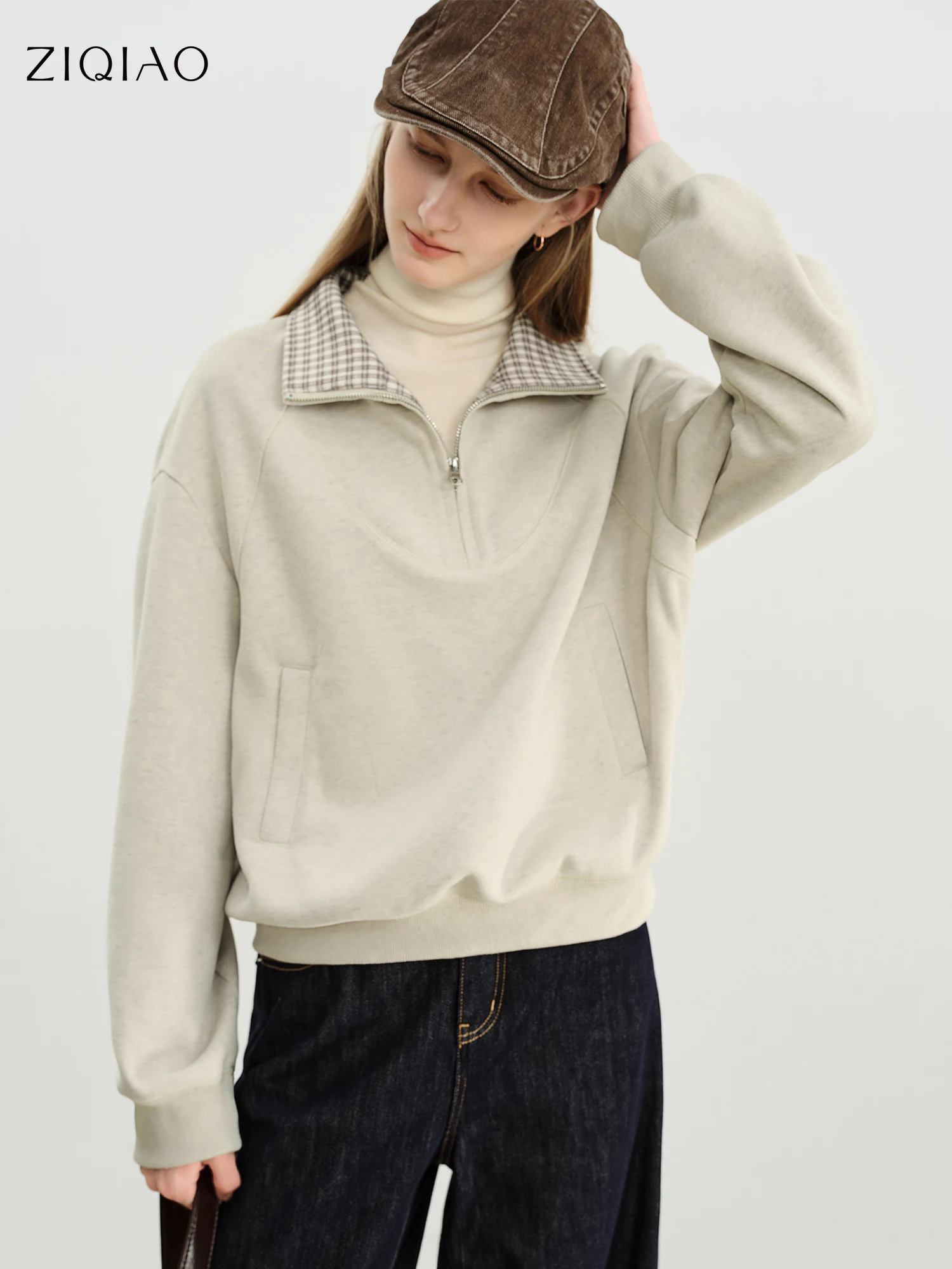 

​ZIQIAO 2025 Autumn Winter Women's Plaid Stand Collar Sweatshirt - Grey Loose Fit Lazy Style Casual Top for Everyday Comfort