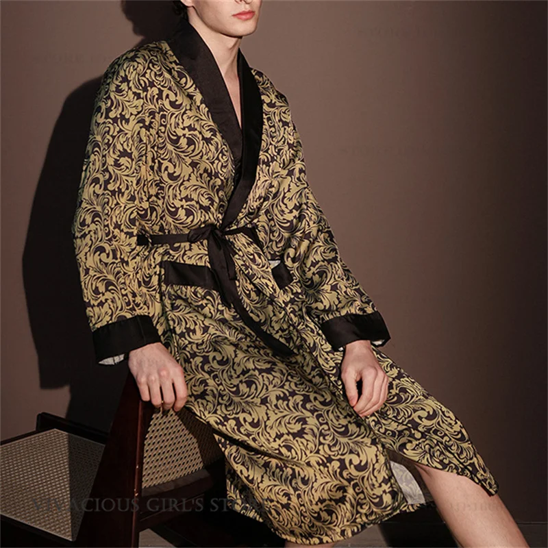 Men Bath Robe Nightwear Satin Luxurious Noble Print Kimono Gown Sleepwear Ice Silk Long Dressing Gown Loose Loungewear Home Wear