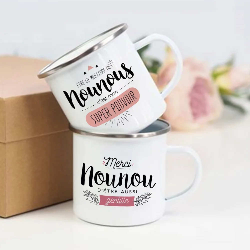 Thank You Nounou French Printed Enamel Mugs Coffee Cups Drink Wine Juice Mug Dessert Cocoa Milk Handle Cup Best Gift for Nounou