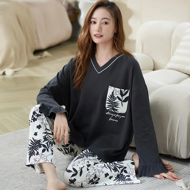 Black Leaf Women Pajama Set Cute Sleepwear Long Sleeves Long Pants Autumn Winter Cozy Pyjamas Soft Pijamas Cotton Nightshirt Pjs