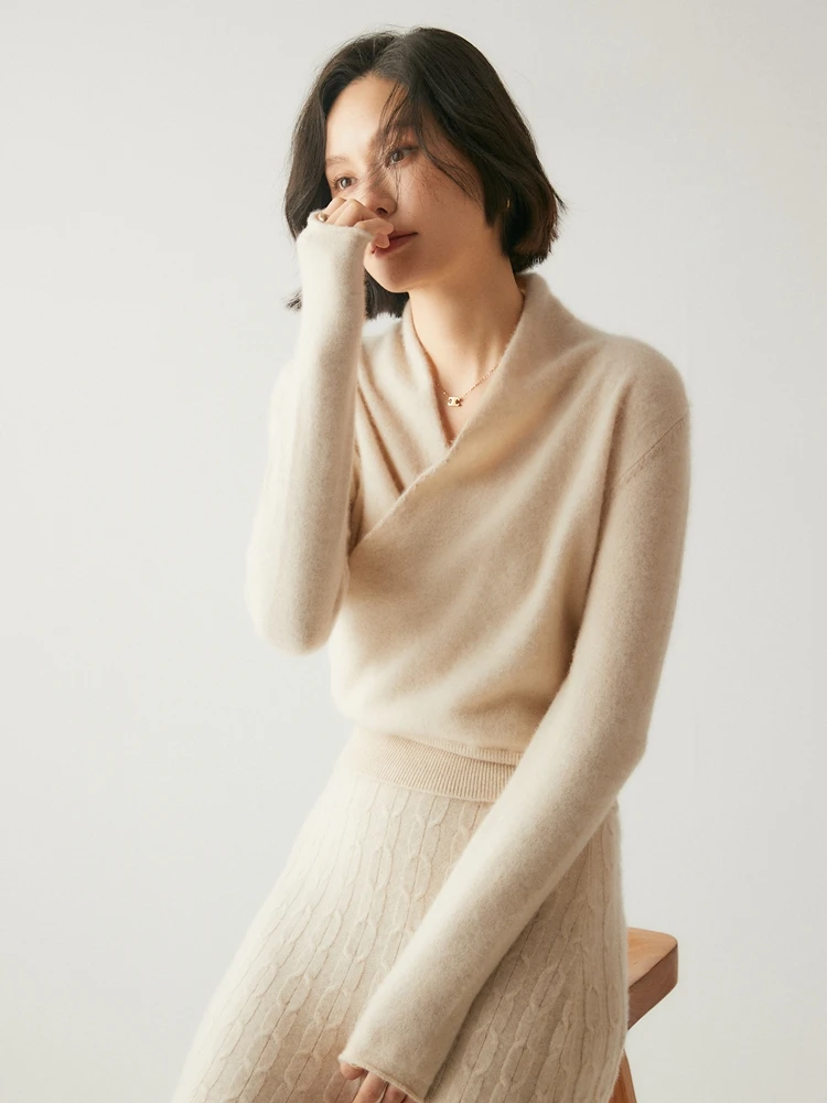 Elegant Women 100% Cashmere Knitted Sweater Autumn Winter Warm Soft V-neck Pullover Long Sleeve Basic Female Clothing Tops