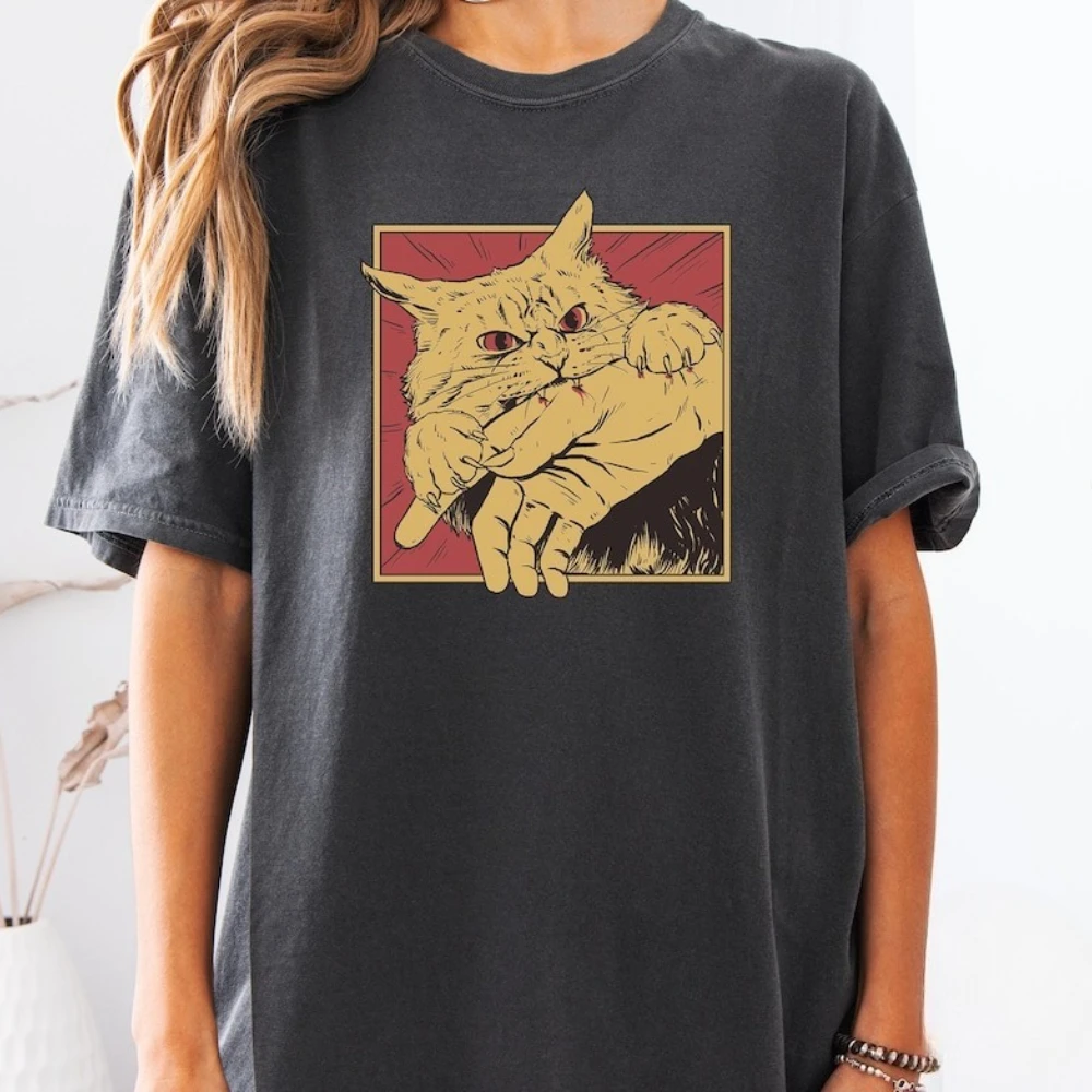 الرعب الياباني أنيمي خمر القط دغة الجرافيك تي شيرت الرجعية كول القطط مجنون امرأة رجل تي شيرت Harajuku الكلاسيكية قصيرة الأكمام #1