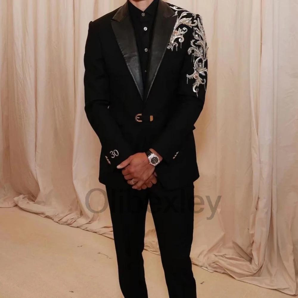 Olibexley Groom Wedding Tuxedos Slim Fit Shawl Lapel Men Suits Rhinestone Appliques 2 Pieces Sets Ropa Hombre Customized S26