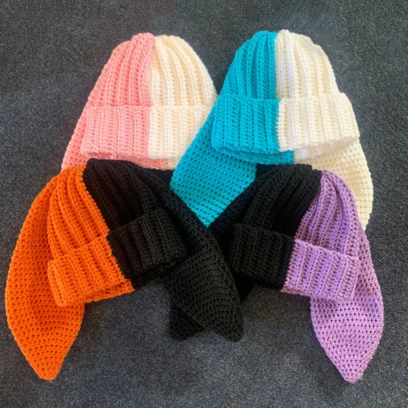 

Bunny Bonnets Rabbit Ear Knit Hats Double-layer Warm Halloween Women Girls Cute Earflap Cap