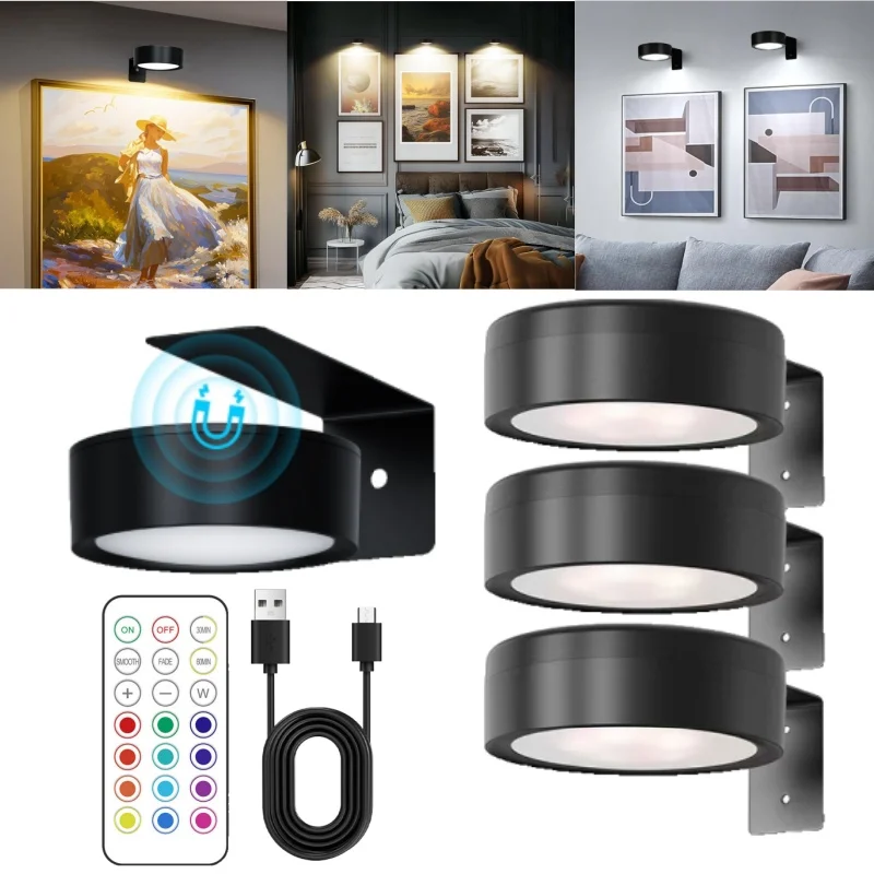 Rechargeable LED Magnetic Spotlight Wireless Wall Lamp No Drill Picture Light Bedroom Reading Lamp for Nightstand Bedside Use