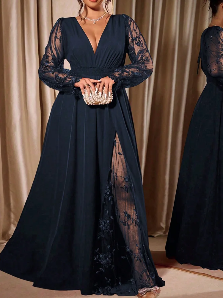 GIBSIE Plus Size Elegant V-Neck Sheer Mesh Sleeve Evening Long Dress Women Autumn Elastic Waist Tie Backless Party Dresses 2026 view 3
