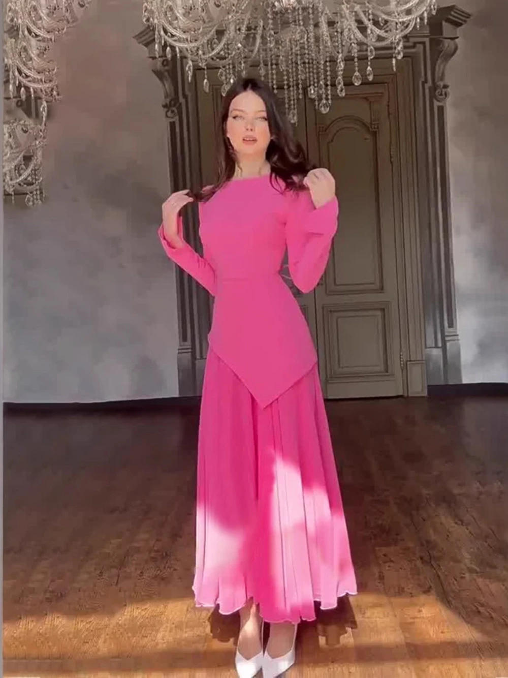 Fashionable Long Sleeves Party Women Wear, New Arrival, S-XXL, Graceful O Neck Prom Gown, Celebrity A Line Evening Dress
