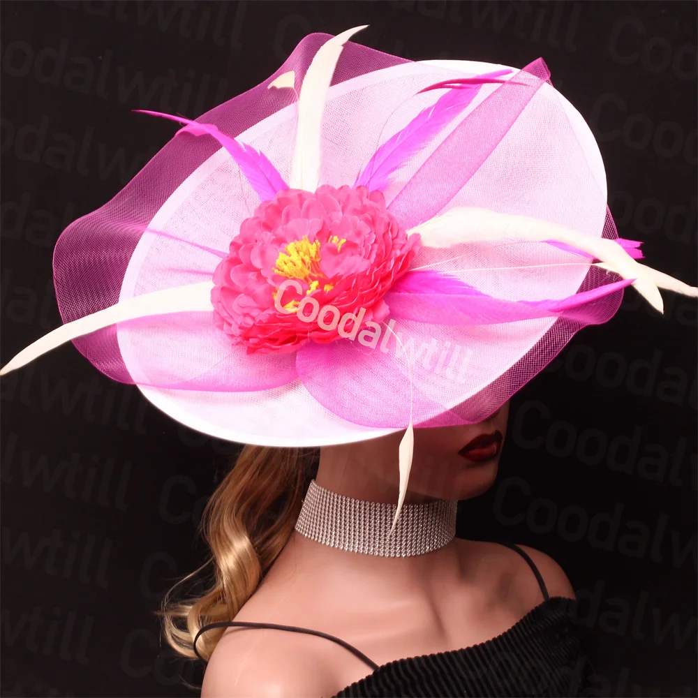 

White Hot Pink Big Wedding Fascinator Hat Women Flower Mesh Headpiece Ladies Elegant Show Race Millinery Cap Femme Event Party