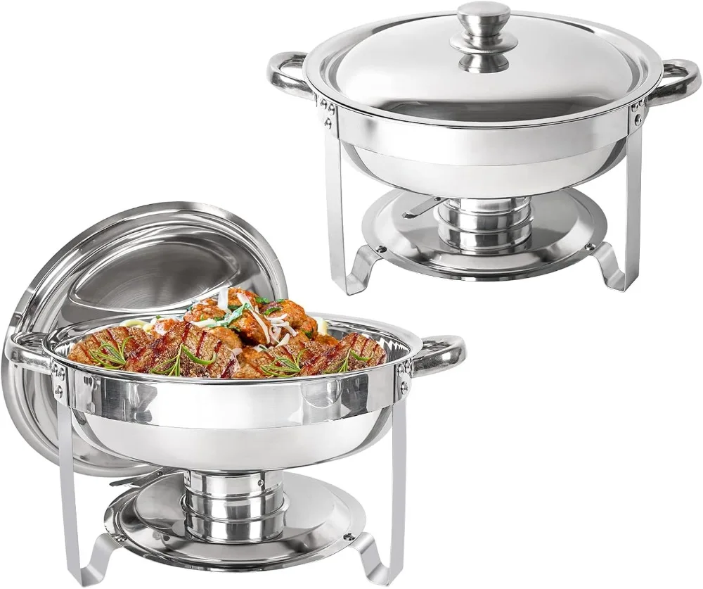 Chafing Dish Buffet Set of 2 Pack, 5QT Round Stainless Steel Chafer for Catering, Upgraded Chafers and Buffet Warmer Sets