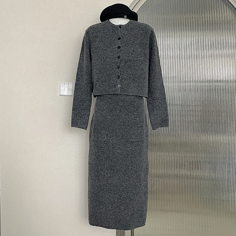 

Temperament Gray Short Single-breasted Sweater Jacket 2023 Winter New Women's High Waist Slim Knitted Long Skirts Set