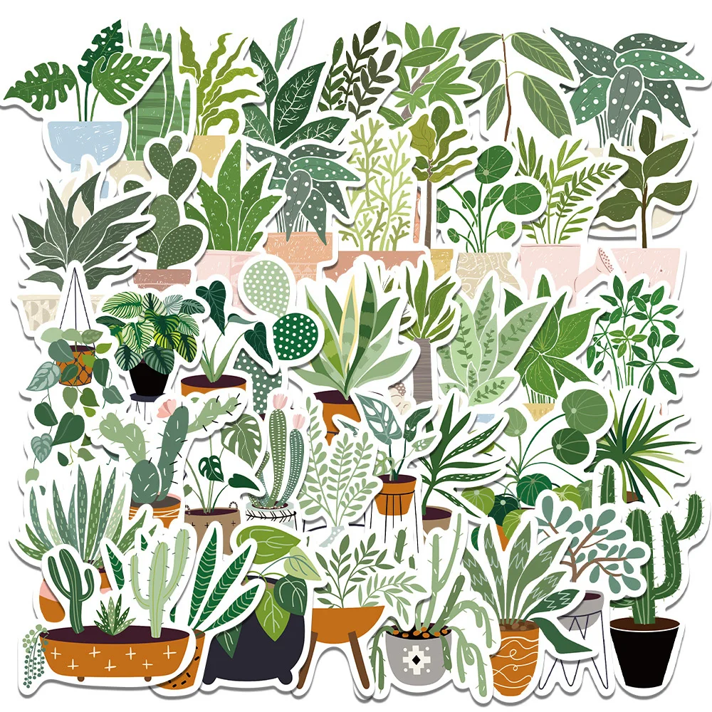 10/20/44개 화분에 심은 녹색 식물 만화 스티커 방수 DIY 스크랩북 전화기 여행가방 다이어리 신선한 스타일 그래피티 데칼 팩