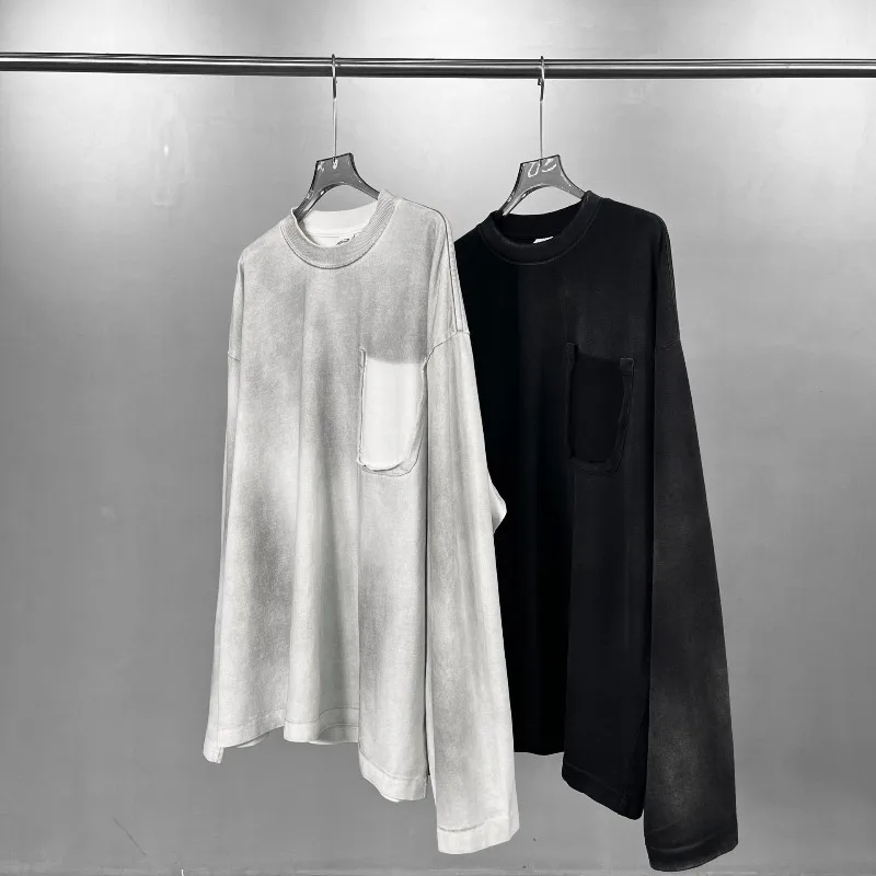 T-shirt à manches longues en coton pour homme, design de luxe, effet délavé, poche, coupe oversize, style wasteland, haut de couple, streetwear