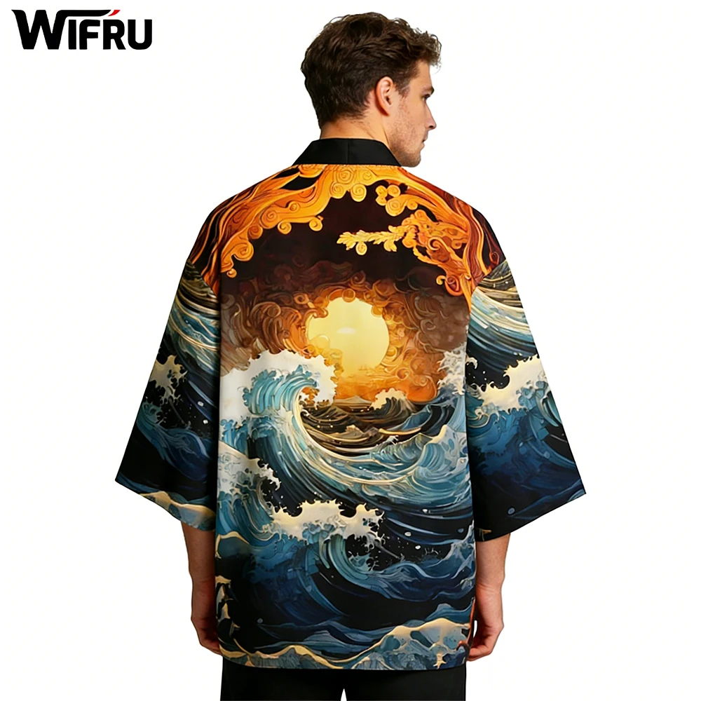 

2024 Summer Beach Japan Wave Kimono Anime 3/4 Sleeve Shirt Haoli Fashion Loose Women's Yukata Men's Samurai Robe