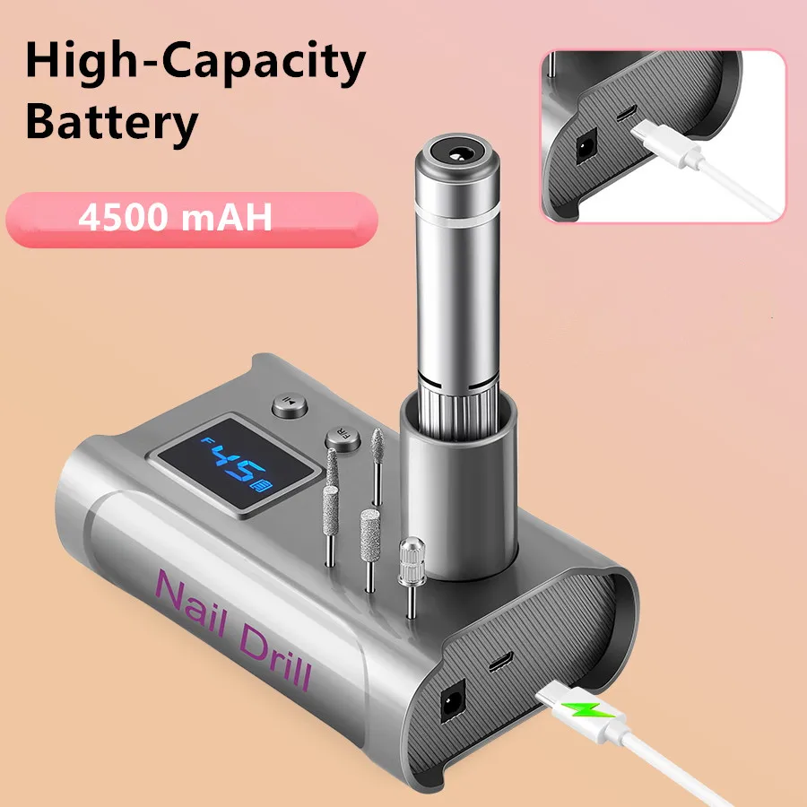 مبرد مثقاب أظافر كهربائي، مثقاب أظافر احترافي 45000 دورة في الدقيقة مع لقم وقاعدة، آلة مبرد أظافر إلكترونية قابلة لإعادة الشحن #2
