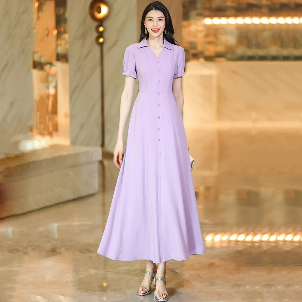 

New Women Summer Elegant Violet Dress Fashion V-Neck Short Sleeve Slim Waist Long Dress Classic Single Breasted Basic Dress