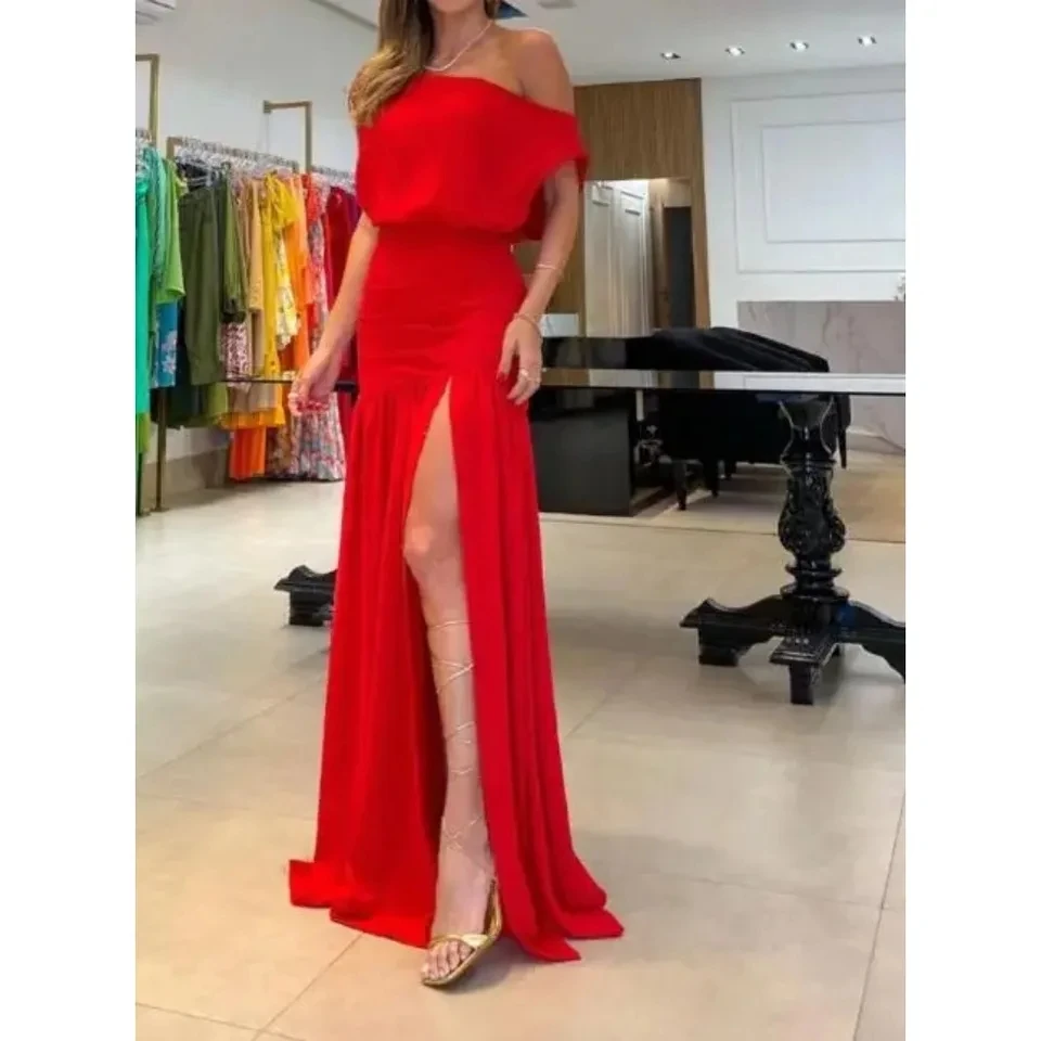 

Maxi Dress for Women Short Sleeves Summer Fashionable One Line Neck Split Floor Sweeping Holiday Sexy Dress