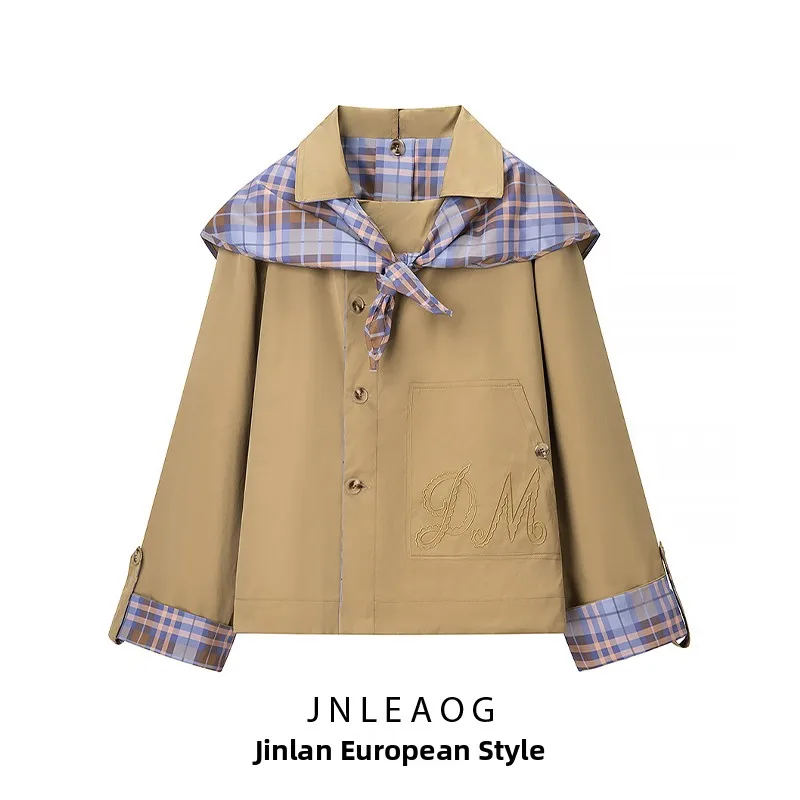 

JNLEAOG Faionable Double-Sided Wear Plaid Embroidery Jaet Women's Autumn New Sle Versatile Outerwear Polyester Fiber