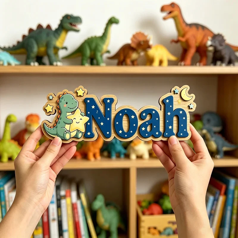 Personalized Night Sky Dinosaur Name Sign, Custom Wooden Kids Room Door Plaque, Cute Starry Dinosaur Wall Decor for Neutral Nurs