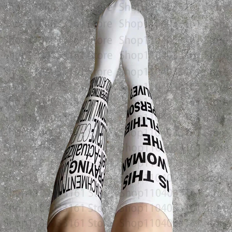Y2K style white graffiti letter print long socks Harajuku knee high socks Y2K cosplay cute socks Kawaii punk fashion emo
