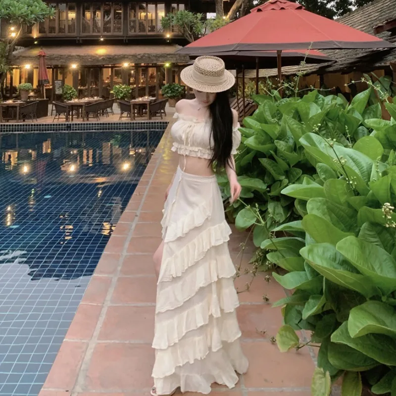 Women Boho 2 Piece Set Off Shoulder Crop Top + Ruffle Tiered Slit Maxi Skirt Summer Beach Vacation Outfit - Image 4