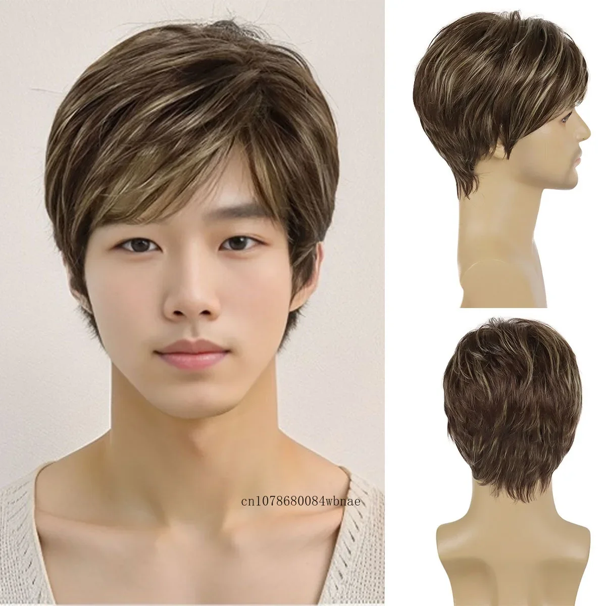 Men's Stylish Wig Synthetic Hair Short Haircuts Mix Brown Wigs with Bangs for Boys Male Heat Resistant Daily Use Party Costume