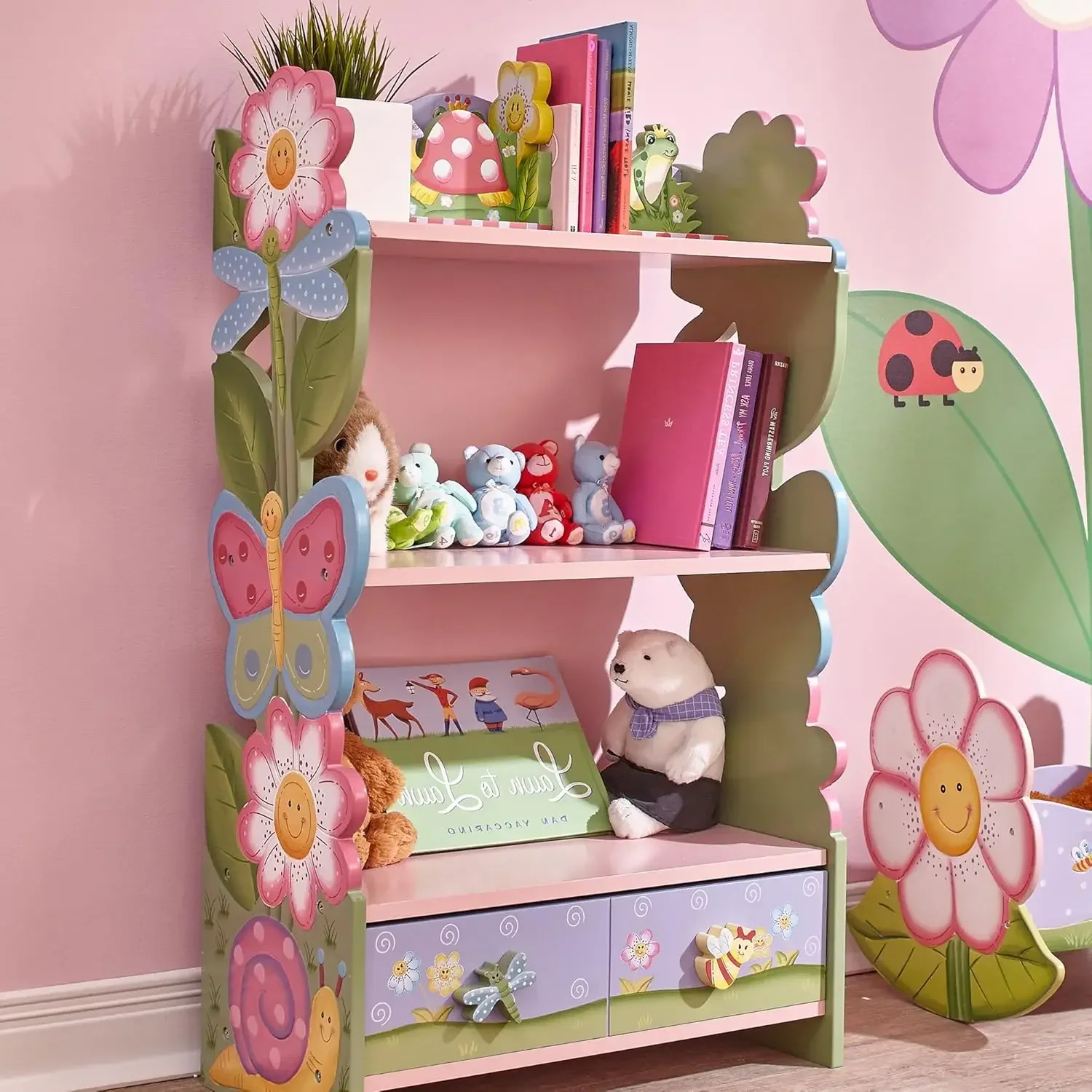 Fields Magic Garden Multi-Tiered Wooden Children's Bookshelf and Storage Drawers, Multicolor