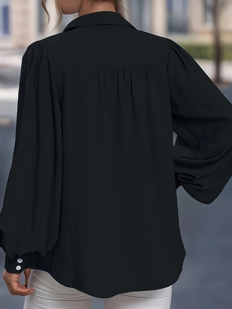Venditore caldo Camicia da donna basic a maniche lunghe abbottonata con risvolto taglie forti Top casual elegante in vendita Camicetta nera da ufficio