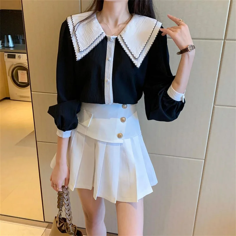 Elegant White Patchwork Women Shirts Vintage 2022 Ladies Kawaii Korean Chic Puff Sleeve Blouse Harajuku Clothes Office Lady Tops