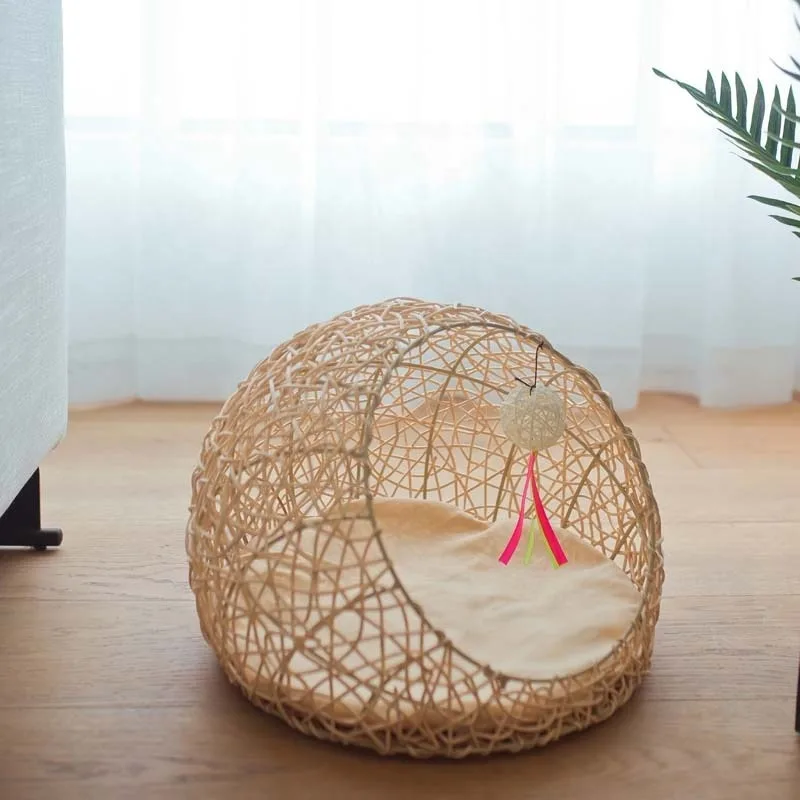 Wholesale Eco Friendly Warm Comfortable House Modern Cat Furniture Raised Hanging Handmade Rattan Cat Pet Beds for Dog and Cat