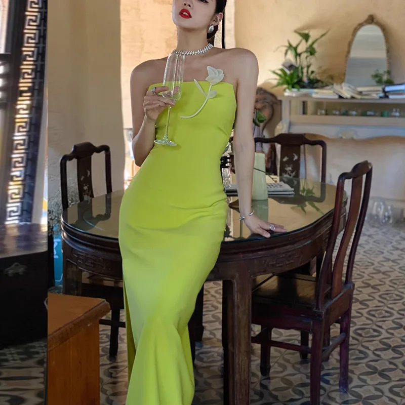 Lemon Yellow Sexy High Waist Slim Women Dress Summer French Fashion Elegant Off-Shoulder Sleeveless Backless Slit Long Dress