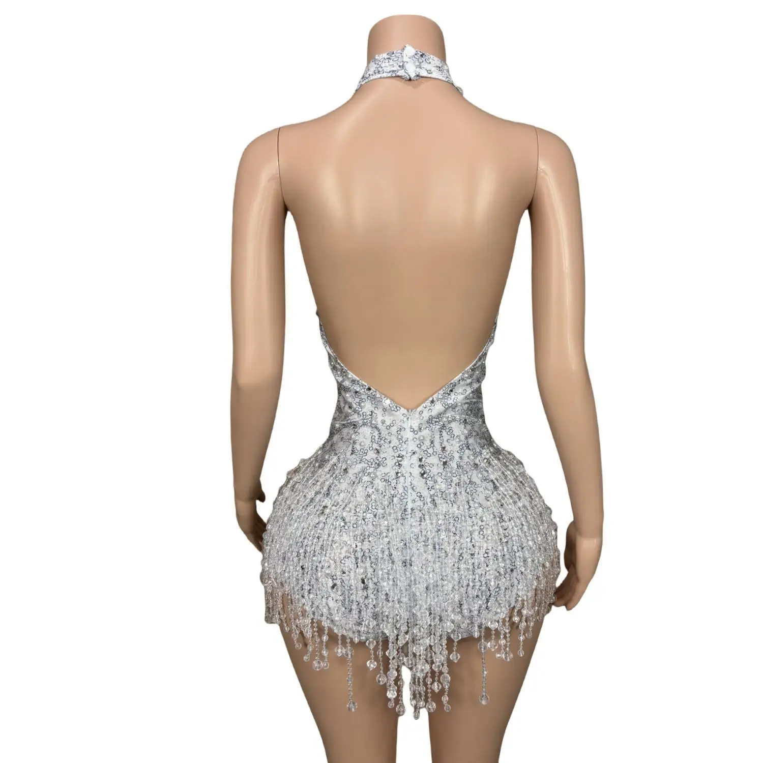 Shining Dovetail Rhinestone Pearl Short Dress for Women Party Birthday Stage Performance Fringe Sleeveless Drag Queen Costume